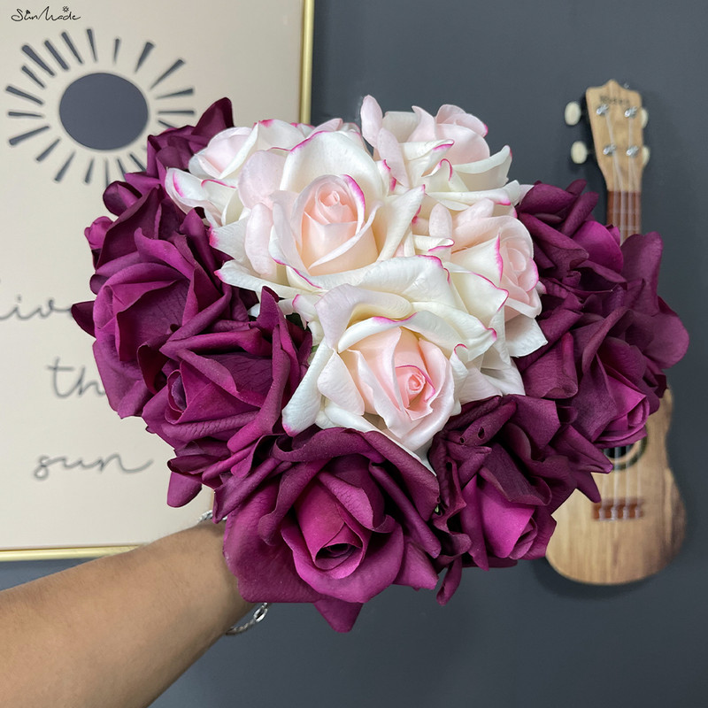 Sunmade 1 buc de lux Real Touch Big Rose Hand Feel Flori artificiale Buchet de mireasa Decorare pentru masa de nunta Aranjament floral