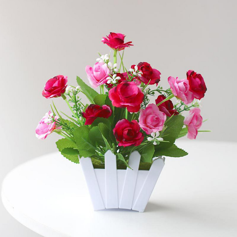 Műanyag cserepes művirágok hamis rózsa növények otthoni nappali asztali díszek lakberendezési művirág cserepes