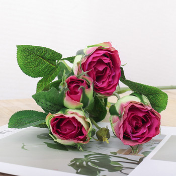 Ροζ Long Branch Τεχνητά τριαντάφυλλα Λουλούδια Μεταξωτό Γάμος Σαλόνι Διακόσμηση σπιτιού Πλαστικό στέλεχος 4 κεφάλι Fake Flower Hotel Arrange