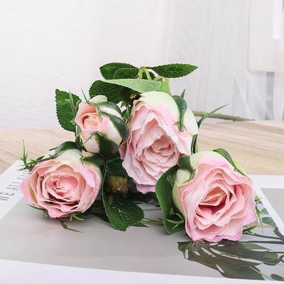 Ramă lungă roz, trandafiri artificiali, flori de mătase, nuntă, sufragerie, decorarea casei, tijă din plastic, 4 capete, flori false, aranjați hotel.