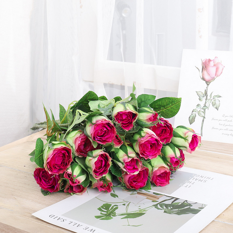 Ramă lungă roz, trandafiri artificiali, flori de mătase, nuntă, sufragerie, decorarea casei, tijă din plastic, 4 capete, flori false, aranjați hotel.