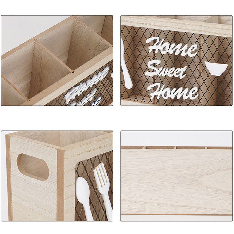 Mediniai stalo indai Caddy natūralūs sidabro dirbinių laikikliai, didelės talpos 4 skyreliai indai, stalo įrankiai, šakutės, šaukštai, peiliai