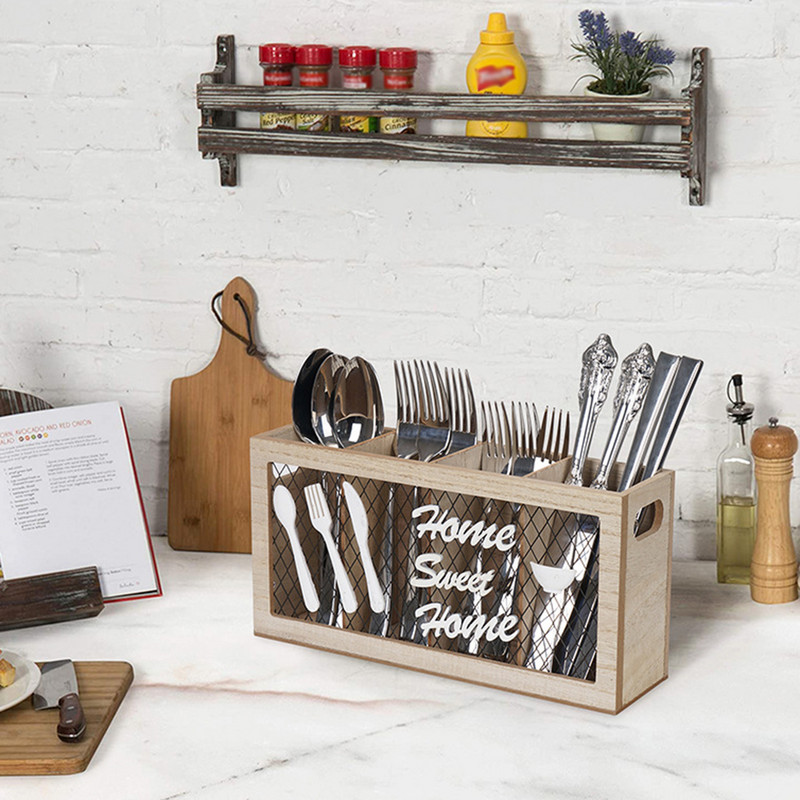 Mediniai stalo indai Caddy natūralūs sidabro dirbinių laikikliai, didelės talpos 4 skyreliai indai, stalo įrankiai, šakutės, šaukštai, peiliai