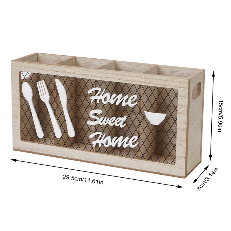 Mediniai stalo indai Caddy natūralūs sidabro dirbinių laikikliai, didelės talpos 4 skyreliai indai, stalo įrankiai, šakutės, šaukštai, peiliai