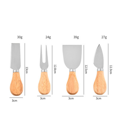 Set de 4 bucăți de cuțite pentru brânză Tacâmuri pentru brânză, oțel, inoxidabil, tăietor de brânză, mini cuțit cu mâner din lemn, cuțit pentru unt, spatulă și furculiță