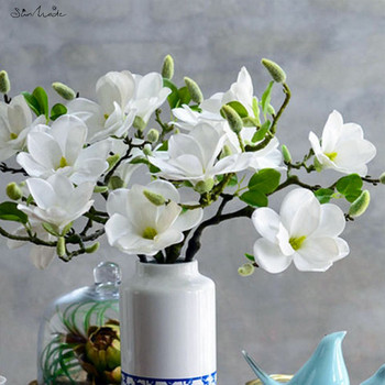 SunMade 3Heads Open Magnolia Flower Branch Изкуствени цветя за бяла сватбена украса Стая Декорация на маса Flores Artificales