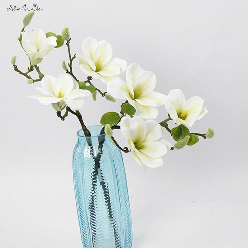 SunMade 3 Heads Open Magnolia Flower Brach Kunstlilled valgeks pulmakaunistuseks Toa lauakaunistus Flores Artificales