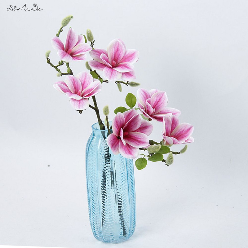 SunMade 3 Heads Open Magnolia Flower Brach Kunstlilled valgeks pulmakaunistuseks Toa lauakaunistus Flores Artificales