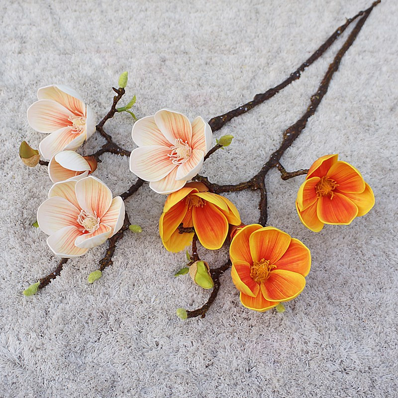 Πολυτελές 3 κεφάλια λευκό κλαδί Magnolia πραγματική πινελιά τεχνητά λουλούδια DIY διακόσμηση σπιτιού ψεύτικη διακόσμηση λουλουδιών λουλούδια