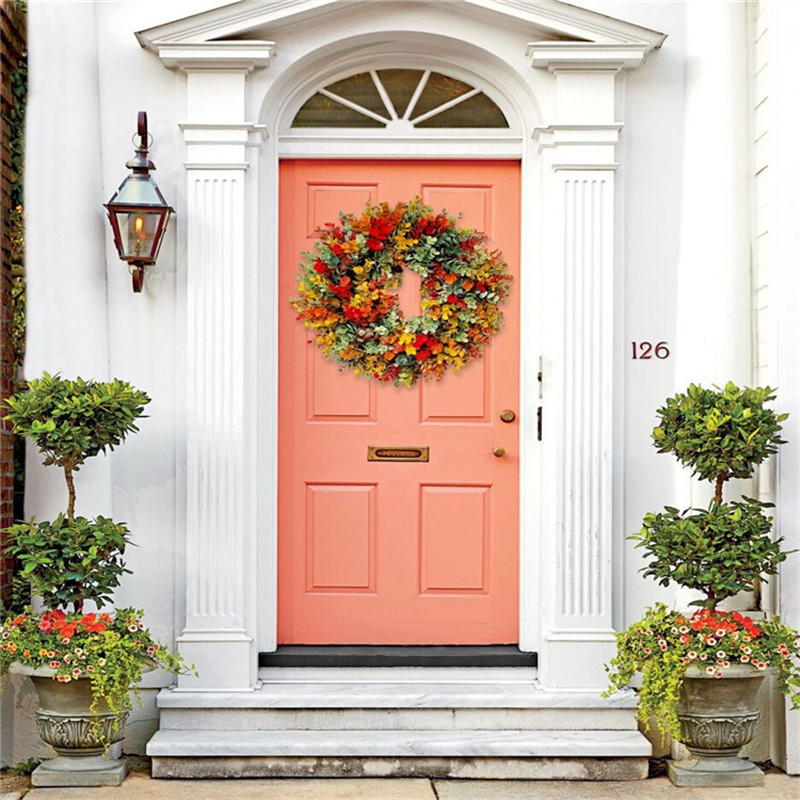 Φθινοπωρινό στεφάνι λουλουδιών ευκαλύπτου Τεχνητό πλαστικό φυτό φόντο Παράθυρο πόρτας τοίχου Γαμήλιο πάρτι σπιτιού Χριστουγεννιάτικο σκηνικό διακόσμηση