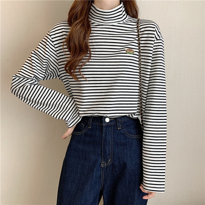 Bluza de dama in dungi model nou cu guler polo si maneca lunga