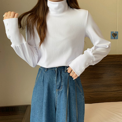 Ühevärviline kõrge polo kraega pluus naistele