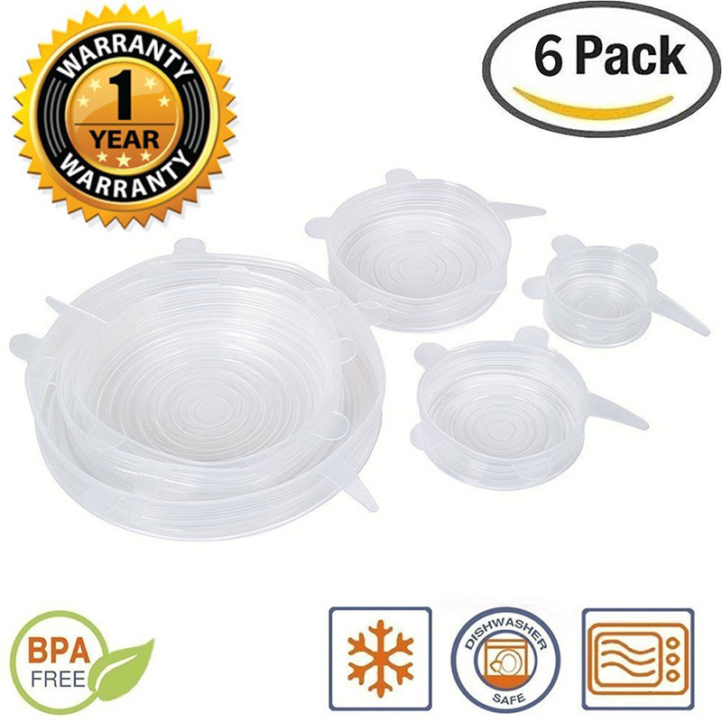 Capace elastice din silicon Pachet de 6 capace reutilizabile de diferite dimensiuni pentru boluri, oale, cești. Set de huse pentru alimente Seal durabile și extensibile