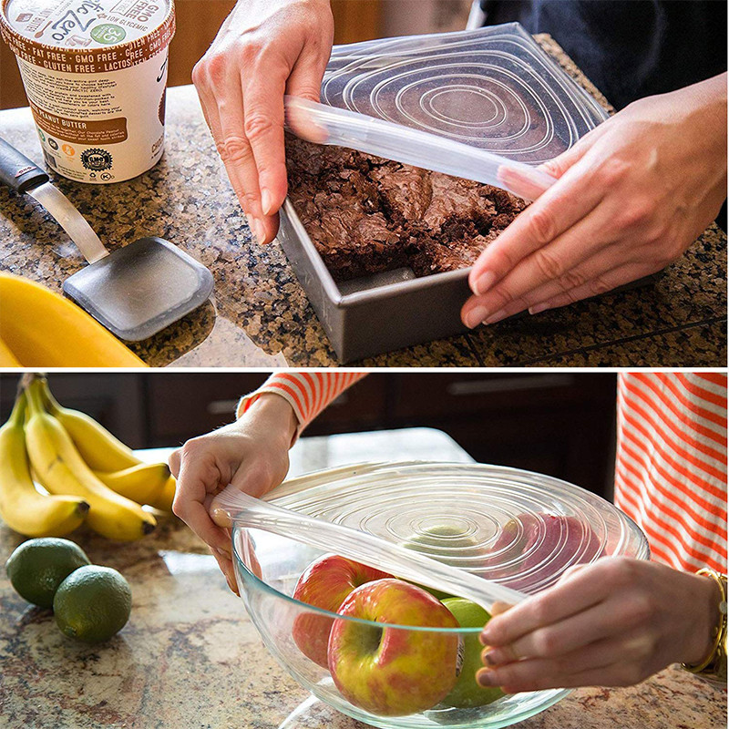 Capace elastice din silicon Pachet de 6 capace reutilizabile de diferite dimensiuni pentru boluri, oale, cești. Set de huse pentru alimente Seal durabile și extensibile