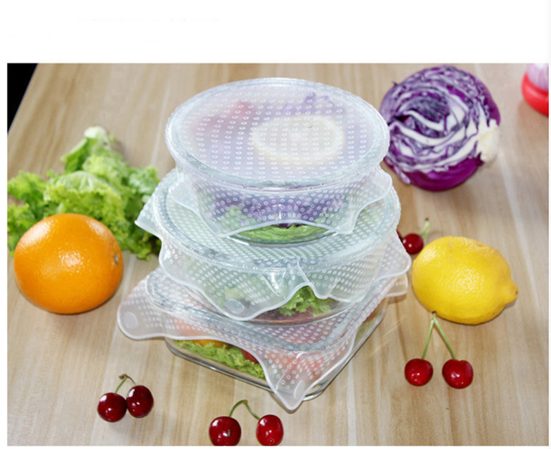 Multifunktsionaalne 4 tk/komplekt toidukatte ümbris silikoonist toidukile korduvkasutatavad silikoonist ümbrised tihend kate veniv värske ümbris köögitööriistad