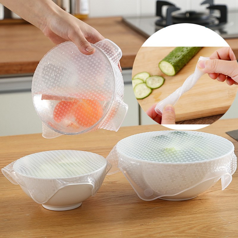 Multifunktsionaalne 4 tk/komplekt toidukatte ümbris silikoonist toidukile korduvkasutatavad silikoonist ümbrised tihend kate veniv värske ümbris köögitööriistad