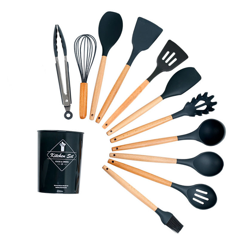 Ustensile de bucătărie din silicon Turner rezistent la căldură Lingură pentru supă Spatulă antiaderentă Lopată Mâner din lemn Lopată pentru gătit Instrument de bucătărie