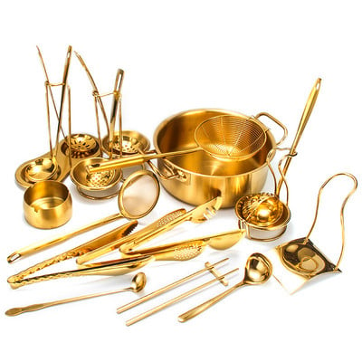 Златна щипка за храна от неръждаема стомана Лъжица за супа Гевгир Лъжица за готвене със стойка за съхранение Лъжица за подправки Кухненски прибори