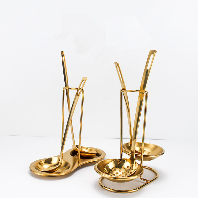 Auksinis nerūdijančio plieno maisto spaustukas sriubos šaukštas kiaurasamtis virimo šaukštas su laikymo stovu prieskonių šaukštas virtuvės reikmenys