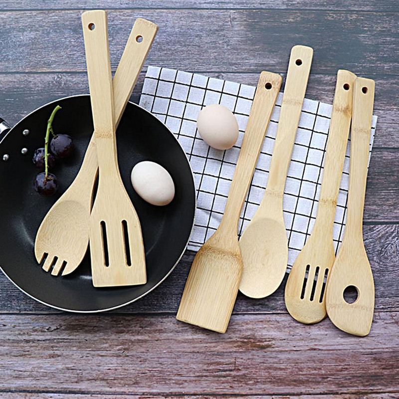 Set de 6 bucăți/Set de lopă de gătit din bambus Set de spatule pentru gătit Turner de pește rezistent la căldură Set de ustensile de bucătărie