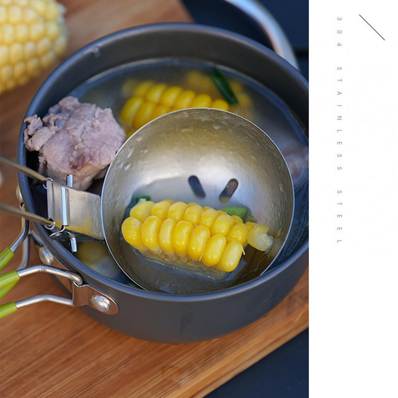 Lingură pliabilă, portabilă, pliabilă, din oțel inoxidabil, pentru picnic, pentru camping, oală pentru supă, lingură cu fante, veselă pentru exterior