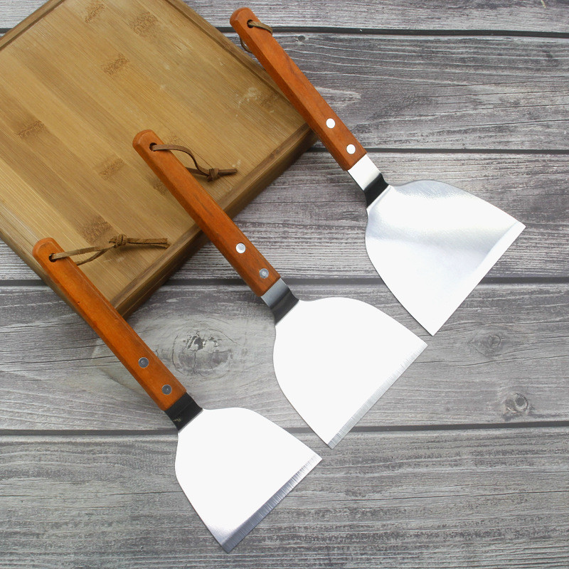 1PC Instrument accesoriu pentru grătar profesional Set spatulă și răzuitoare pentru grătar Flipper din oțel inoxidabil pentru mâner din lemn pentru grătar plat