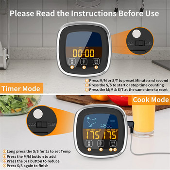Цифров термометър за месо Барбекю Кухненски термометър за готвене с водоустойчива сонда Таймер Подсветка Термометър за фурна Кухненски джаджи