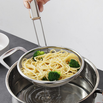 Подсилен гевгир от неръждаема стомана Лъжица за супа с дървена дръжка Кухненска цедка с фина мрежа тенджера Филтър за пържене на храна Инструмент за готвене