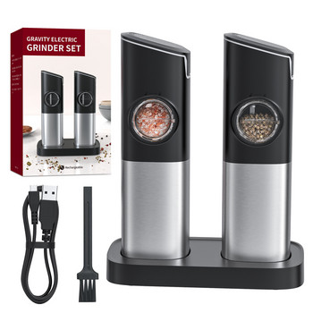Електрическа автоматична мелница за мелница за черен пипер и сол USB зареждане Мелничка за сол и пипер за подправки с LED светлина Регулируема мелница за грубост