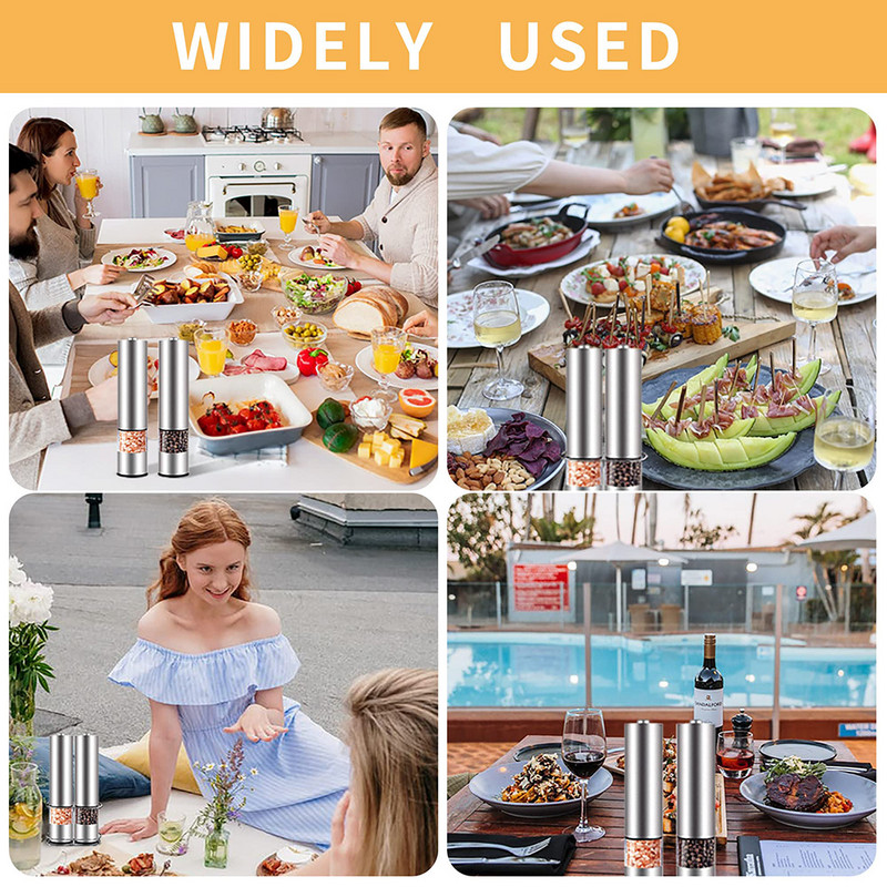 Set de râșniță de piper și oțel inoxidabil 304 Moara electrică pentru sare, cu putere de baterie, cu grosime reglabilă, cu instrument de măcinat de bucătărie LED