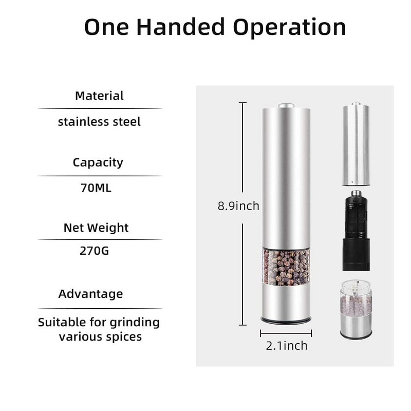 Set de râșniță de piper și oțel inoxidabil 304 Moara electrică pentru sare, cu putere de baterie, cu grosime reglabilă, cu instrument de măcinat de bucătărie LED