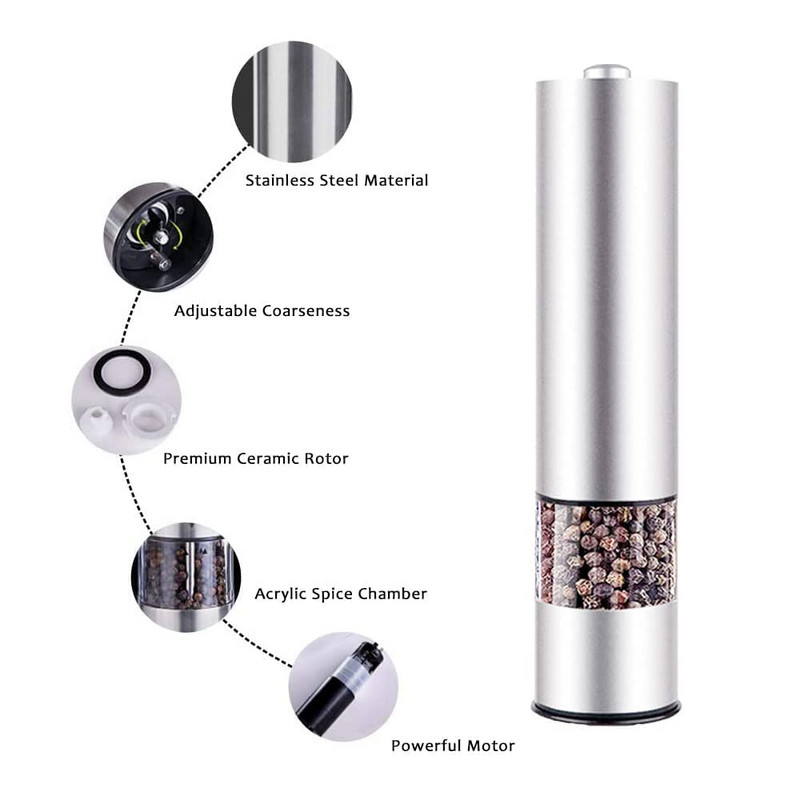 Set de râșniță de piper și oțel inoxidabil 304 Moara electrică pentru sare, cu putere de baterie, cu grosime reglabilă, cu instrument de măcinat de bucătărie LED