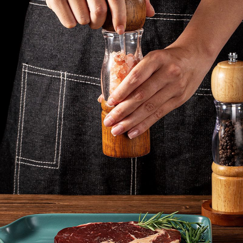 Druskos ir pipirų malūnėlis Skaidrus medienos pipirų malūnėlis, reguliuojamas stambumas, rankinis prieskonių žolelių malūnėlių virtuvės prietaisų rinkiniai