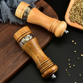 Комплект дървени мелнички за сол и черен пипер и тава Ръчна мелница за пипер със здрава регулируема керамична мелничка за подправки Кухненски инструменти за готвене