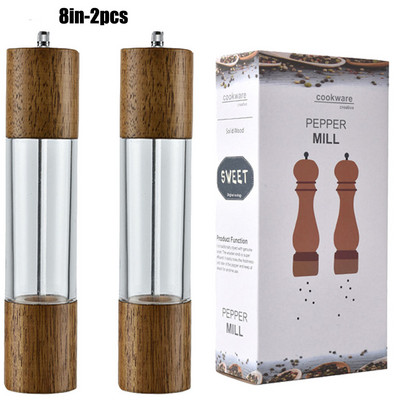 Akrüülist ja puidust soola- ja pipraveski komplekt puidust ja akrüülveskist, reguleeritava jämedusega keraamiline vürtsiveski mördi loksutaja