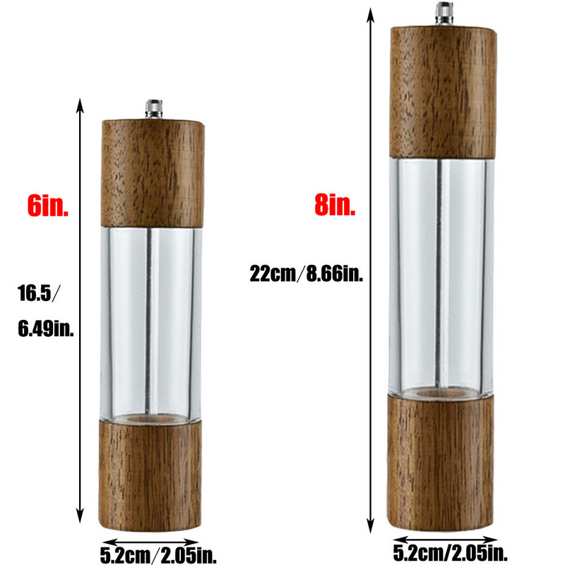 Akrüülist ja puidust soola- ja pipraveski komplekt puidust ja akrüülveskist, reguleeritava jämedusega keraamiline vürtsiveski mördi loksutaja