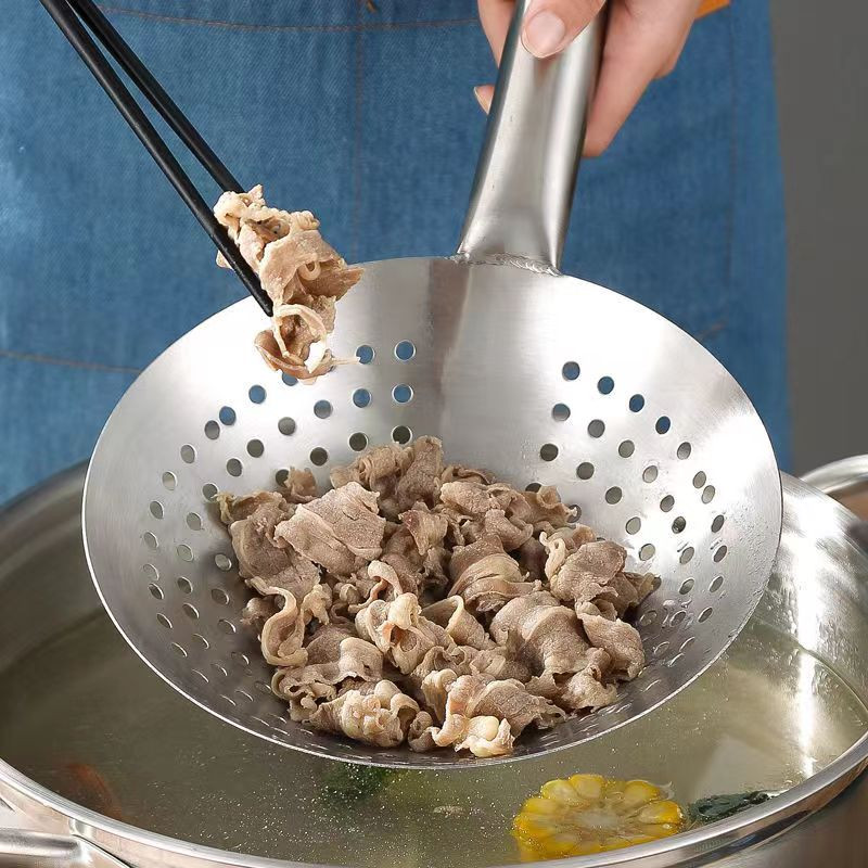 Scurătoare cu mâner lung din oțel inoxidabil Ustensile de bucătărie Scurtă cu linguriță cu ulei mare Făină cu tăiței găluște sită Skimmer plasă