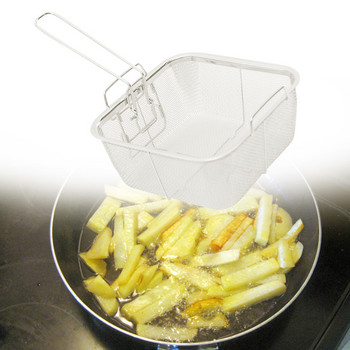 Με λαβή Mini Mesh Κουζίνα από ανοξείδωτο ατσάλι Αντικολλητικό σουρωτήρι λαδιού Κρεμαστά τσιπς μαγειρέματος Φορητό τετράγωνο εργαλείο για καλάθι τηγανίσματος