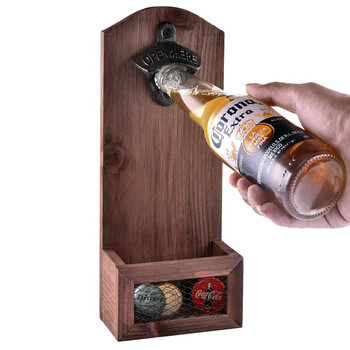 Дървена отварачка за бутилки с колектор за капаци Винтидж дървена отварачка за монтирани на стена бутилки за бира Вино, бира, тирбушон Кухненска джаджа