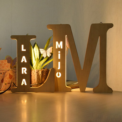 Personalized Name Alphabet Decoration Wood Night Light Bedside Lamp LED Wall Lamp Letter Hollow Initial Ornament For baby Kids