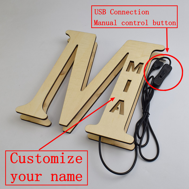 Asmeninis vardų abėcėlės papuošimas Medinis naktinis šviestuvas naktinė lempa LED sieninė lempa raidėmis tuščiaviduris pradinis ornamentas kūdikiams vaikams