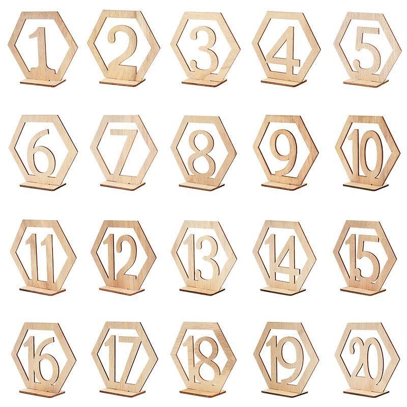 10 buc. Hexagon 1-10/11-20 numere de masă din lemn cu bază de suport pentru masa de nuntă, petrecere, decorarea casei, semne cu numere de masă