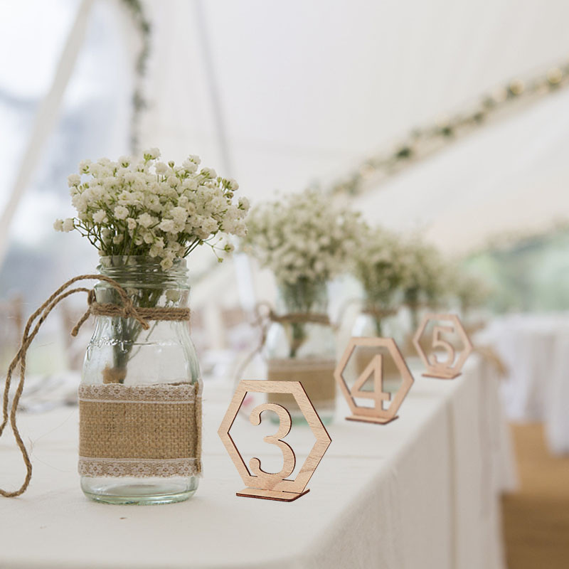 10 buc. Hexagon 1-10/11-20 numere de masă din lemn cu bază de suport pentru masa de nuntă, petrecere, decorarea casei, semne cu numere de masă