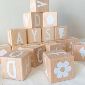 26Pcs Азбука Строителни блокове Дървени букви от бук Кубчета Деца Прохождащи деца Играчки за ранно обучение Бебешки декор за детска стая