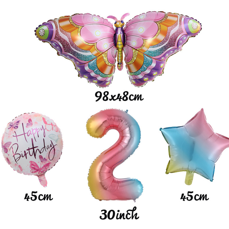 Set de 6 baloane colorate cu numere fluture Balon fluture albastru roz, 30 inch, curcubeu, număr cu heliu, decorație pentru ziua de naștere