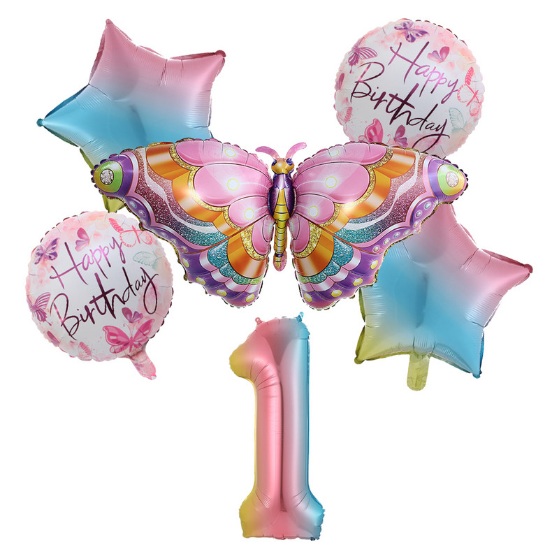 Set de 6 baloane colorate cu numere fluture Balon fluture albastru roz, 30 inch, curcubeu, număr cu heliu, decorație pentru ziua de naștere