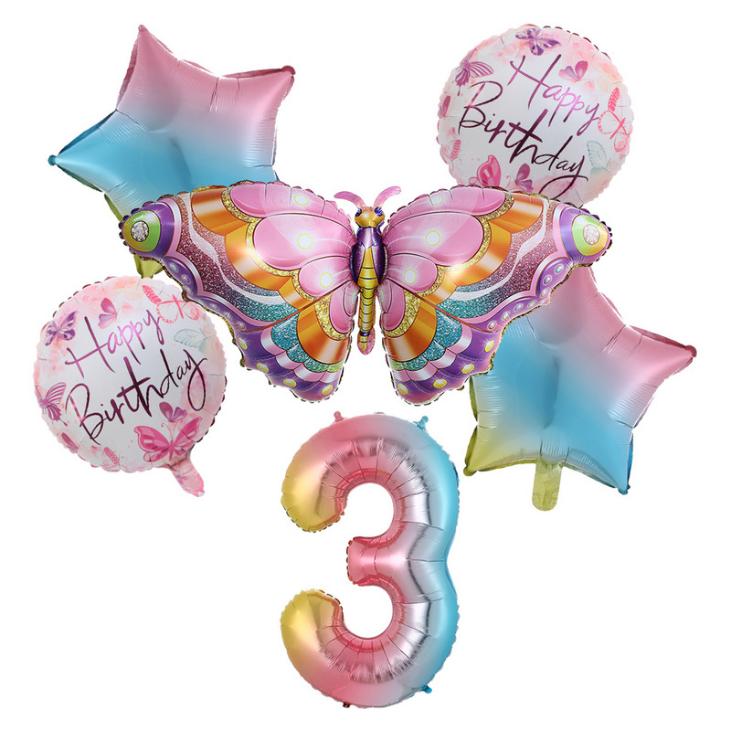 Set de 6 baloane colorate cu numere fluture Balon fluture albastru roz, 30 inch, curcubeu, număr cu heliu, decorație pentru ziua de naștere