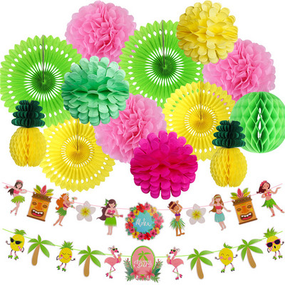 Set de decorațiuni pentru petrecerea de vară, ananas, felinare din hârtie, lămpi, minge de ananas din fagure pentru ziua de naștere, petrecere tropicală hawaiană