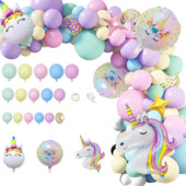 Kit de 142 de baloane cu unicorn curcubeu pentru ghirlande cu arc, roz pastel, mov, confeti, pentru decorațiuni pentru petrecerea de ziua de naștere.