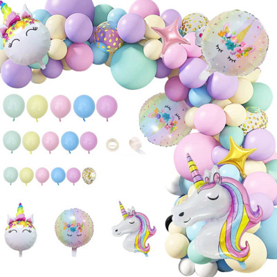 Kit de 142 de baloane cu unicorn curcubeu pentru ghirlande cu arc, roz pastel, mov, confeti, pentru decorațiuni pentru petrecerea de ziua de naștere.